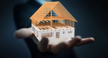 3D render bitmemiş planı ev onun ha tutan işadamı