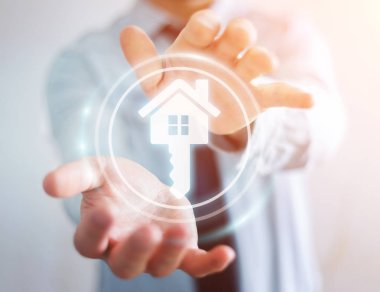 3D render simgesi evi elinde tutan işadamı