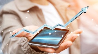 Dijital mavi ok 3d render tutan işadamı