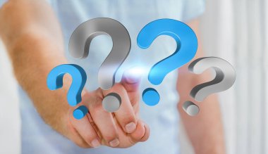 Soru işaretleri elinde 3d render dokunmadan işadamı