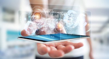 Hologram ekran işadamı 3d render tarafından kullanılan dijital veriler ile