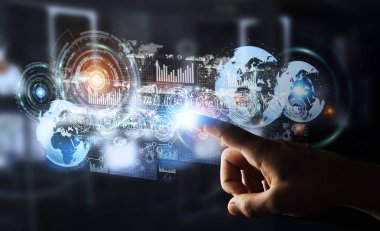 Hologram ekran işadamı 3d render tarafından kullanılan dijital veriler ile