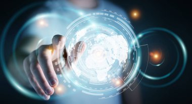 İşadamı hologram ekran dijital veriler 3d renderin ile kullanma