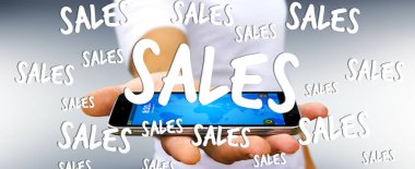 Satış kutsal kişilerin resmi onun telefon 3d render üzerinde tutan işadamı