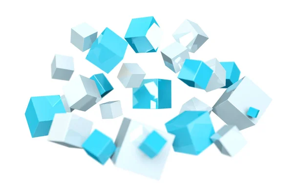 Flotante azul y blanco brillante cubo 3D representación — Foto de Stock