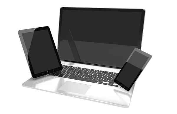 Laptop mobil telefon és a tabletta kapcsolódik egymáshoz 3d render — Stock Fotó