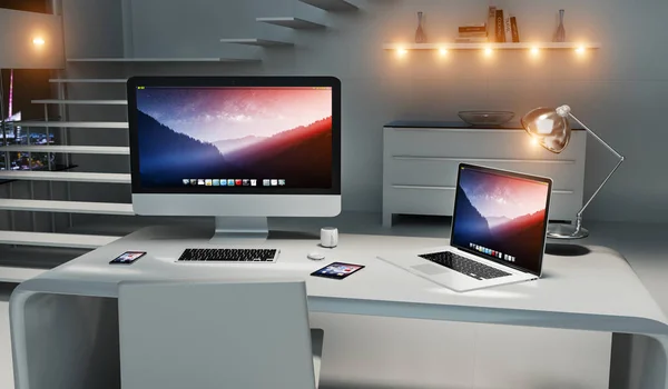 Modern dark desk office interior with computer and devices 3D re
