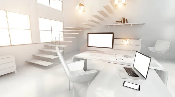 Moderní bílý kancelářské interiéru s počítači a zařízeními 3d render — Stock fotografie