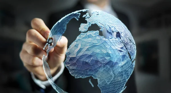 Businessman drawing global network on planet earth 3D rendering — Stock Photo, Image