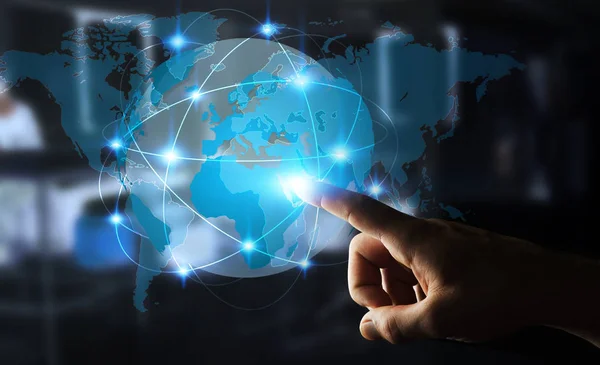 Бизнесмен трогает глобальную сеть на планете Земля 3D рендеринг — стоковое фото