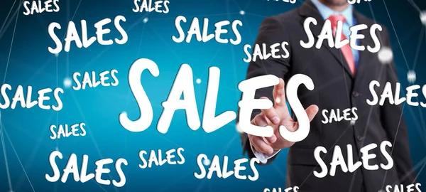 Empresario tocando iconos de ventas con su dedo representación 3D —  Fotos de Stock