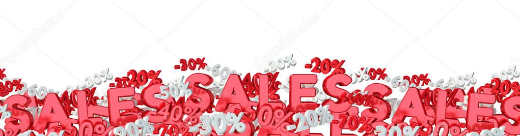 Sales icons and percent banner floating in the air 3D rendering