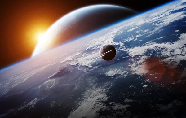 Sunrise over distant planet system in space 3D rendering element