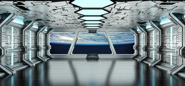 Spaceship interior with view on the planet Earth 3D rendering el