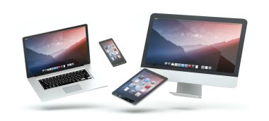 Modern bilgisayar dizüstü bilgisayar cep telefonu ve 3d rende yüzen tablet