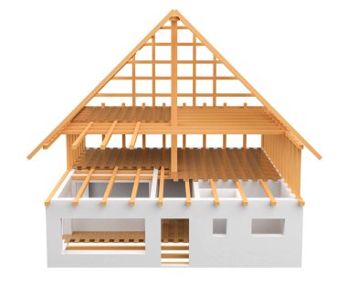 3D render ahşap ve tuğla bitmemiş ev planı