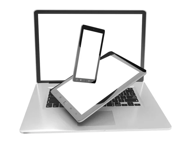Laptop telefone celular e tablet conectado uns aos outros renderizar 3D — Fotografia de Stock
