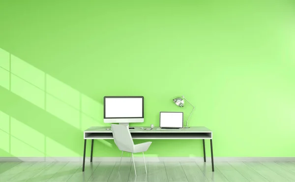 Interior de desktop verde moderno com dispositivos de renderização 3D — Fotografia de Stock