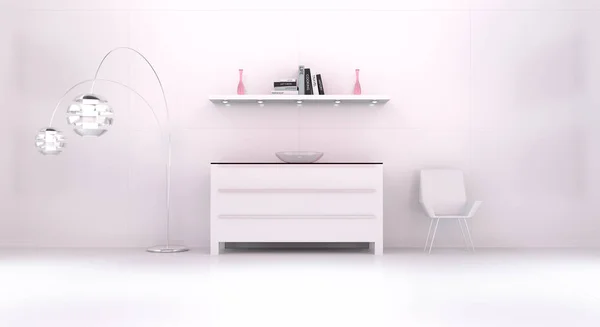 Сучасний біло-рожевий інтер'єр з комодом і стелажем 3D р — стокове фото