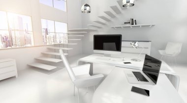 Bilgisayarı ve aygıtları 3d render ile modern beyaz ofis iç