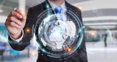 İşadamı hologram ekran dijital veri ile kullanma
