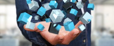 Mavi parlak küp ağ 3d renderin yüzen tutan işadamı