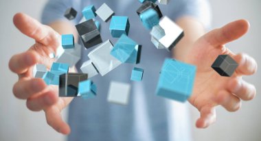 Mavi parlak küp ağ 3d renderin yüzen tutan işadamı