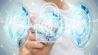 Onun verileri 3d renderi güvenliğini sağlamak için dijital asma kilit kullanarak iş adamı