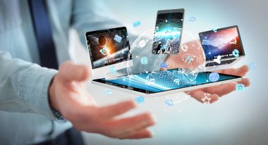 Teknoloji cihazları birbirine 3d render bağlamak işadamı