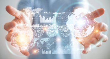 İşadamı hologram ekran dijital veriler 3d renderin ile kullanma