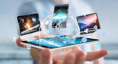 Teknoloji cihazları birbirine 3d render bağlamak işadamı