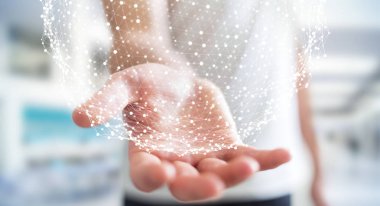 Uçan ağ küre 3d render tutan işadamı