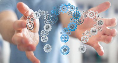 Soru işaretleri dişli 3d render tutan işadamı