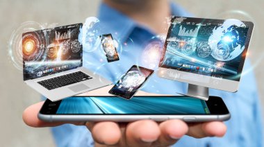 Onun cep telefonu 3d ren ile teknoloji cihazları bağlamak işadamı