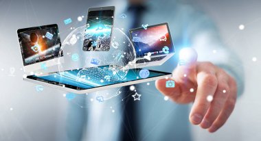 Teknoloji cihazları birbirine 3d render bağlamak işadamı