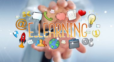 E-öğrenme sunu çizilmiş tutan işadamı