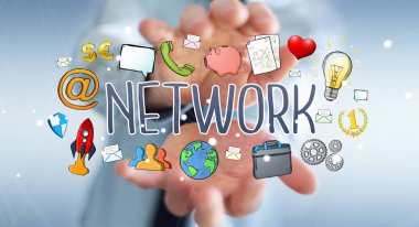 İşadamı modern el yazması ağ metin kullanma