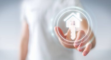 3D işleme simgesini ev parmağıyla dokunmadan işadamı