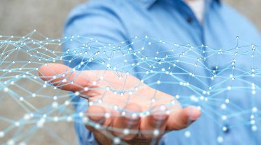 Uçan ağ nokta 3d render tutan işadamı