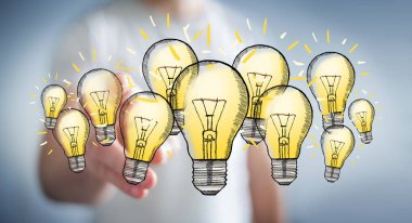 Çizilmiş ampul parmağıyla dokunmadan işadamı