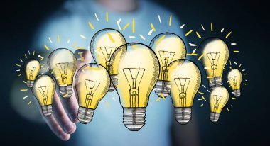 Çizilmiş ampul parmağıyla dokunmadan işadamı