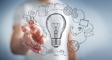 Ampul ve Multimedya simgeler el dokunmadan işadamı çizilmiş