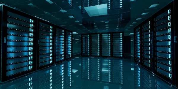 Visualizzazione 3D della memoria del data center della stanza server scura — Foto Stock