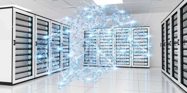 서버 룸 데이터 센터 3d 렌더링에 추상 네트워크 — 스톡 사진