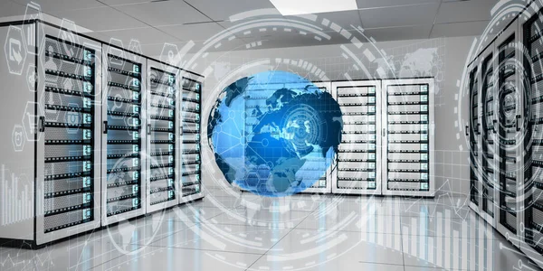 Rete terrestre che sorvola il data center della sala server rendering 3D — Foto Stock