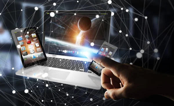 Empresário tocando telefone laptop e tablet com seu dedo 3D — Fotografia de Stock