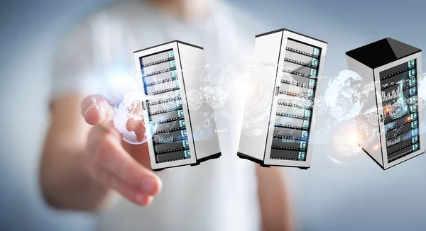 Empresario conectar servidores sala centro de datos renderizado 3D —  Fotos de Stock
