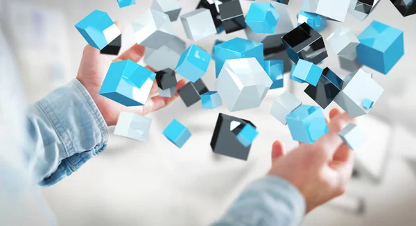 Empresário segurando flutuante azul brilhante cubo rede 3D renderin — Fotografia de Stock
