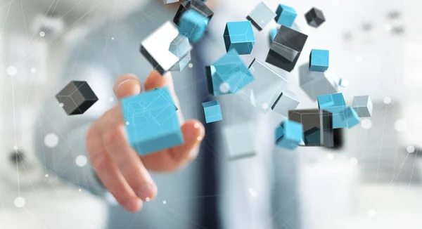 Zakenman aanraken van drijvende blauwe glimmende kubus netwerk 3D-renderi — Stockfoto