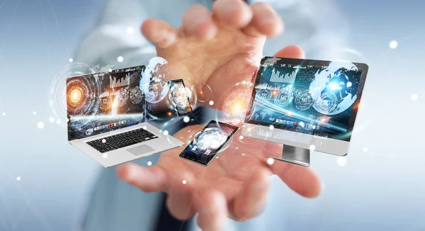 Businessman connecting tech devices to each other 3D rendering — Stock Photo, Image